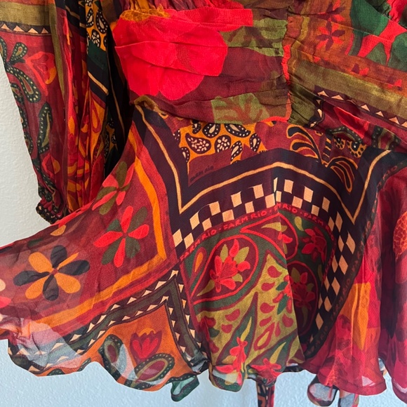 NWT Farm Rio x Anthropologie Lined Blouse Size M Red V Neck Tie Beaded Tassels - Picture 7 of 12